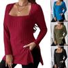 Women's Solid Ribbed Fleece Square Neck Long Sleeve Slit Tunic Top Plus Size Blouse