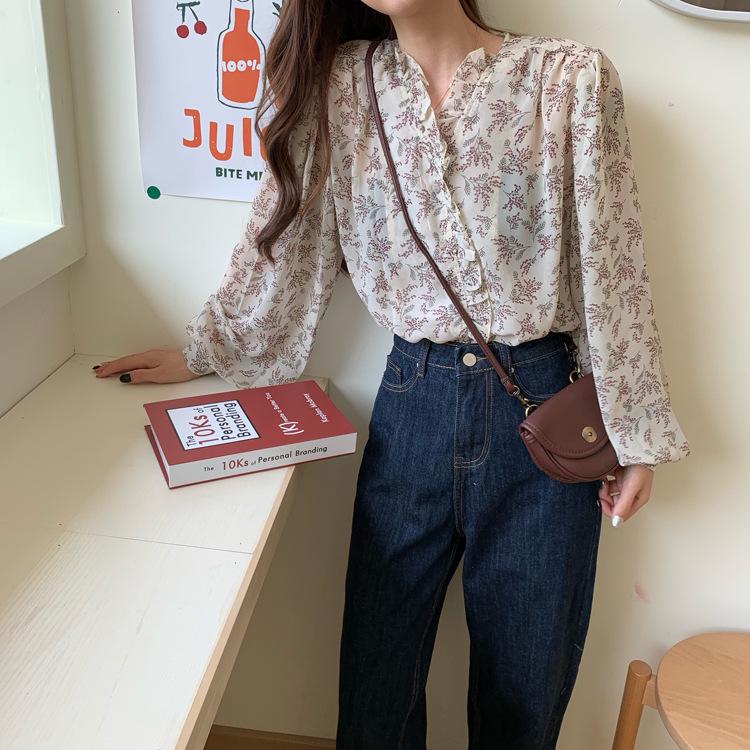 2025 Chic Korean Style Floral Chiffon Women's Long-Sleeve Puff Shirt