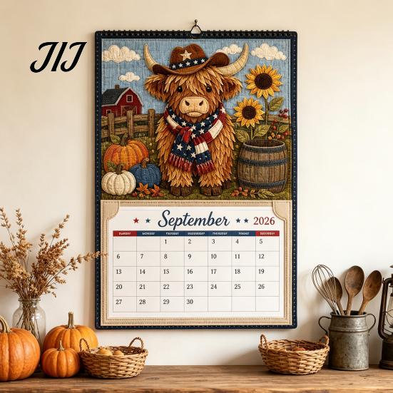 Creative Decompression Activity Highland Cow Farmhouse Calendar DIY Kit for 12 Months, Handmade Personalized Wall Paper And Cloth Craft Set,