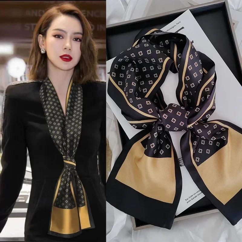 Luxury Design Women Summer Long Silk Scarf Hair Headband Foulard Skinny Bag Scarves Neckerchief Lady Shirt Decorative Streamers