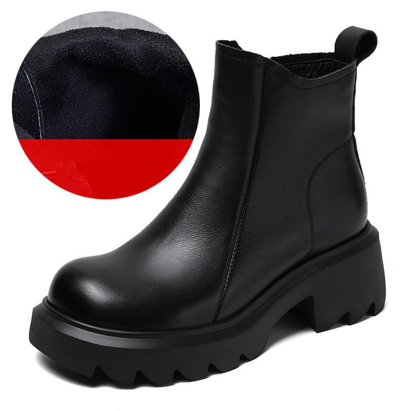 Johnature Thick Soled Genuine Leather Women's Boots British Style Round Toe Thick Heel Short Boots