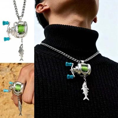 Detachable Fishing Reel Necklace Luxury Men Neck Pendant Fishing Reel Ring  Gift for Him