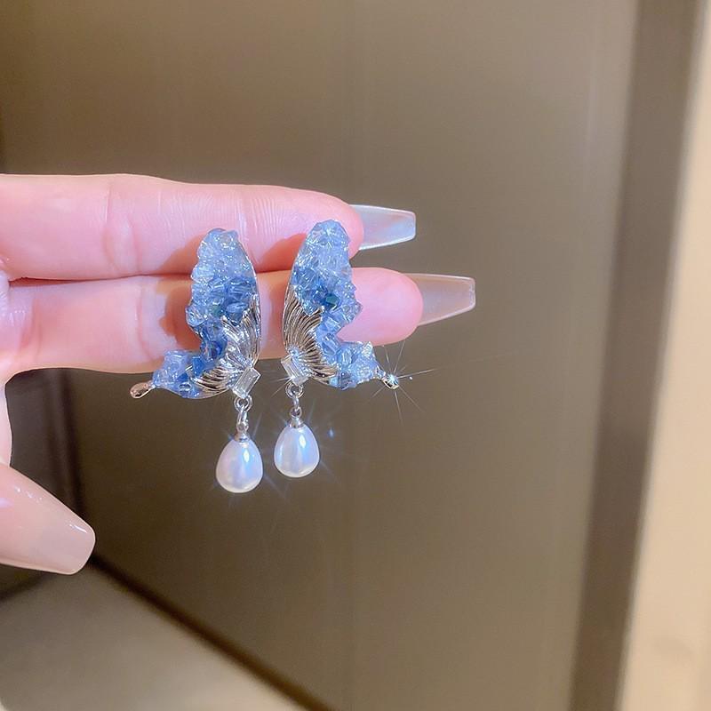 Silver Needle Butterfly Heart Earrings with Blue Gradient Drip - Elegant Autumn/Winter Studs