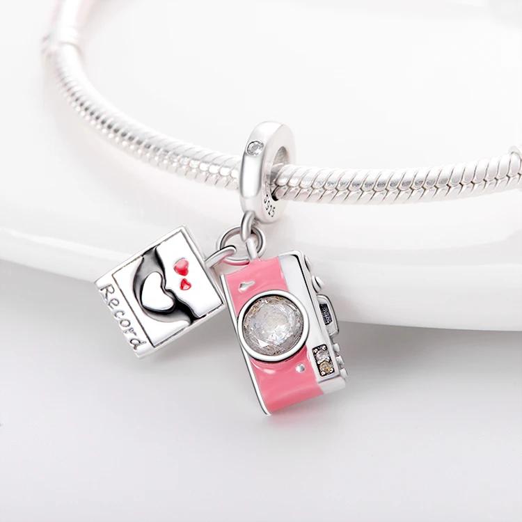 

Charm Bead Charms Authentic copper Plated Pink Camera Pendant Bead Charms Compatible With Bracelets Diy Fine Gift Women Delicate Jewellery Accessory белый