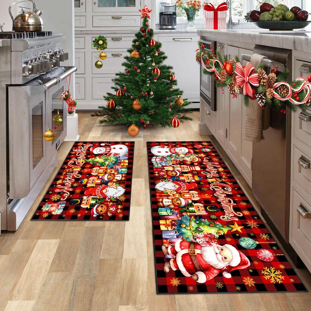 2-Piece Merry Christmas Kitchen Rug Set New Winter Holiday Kitchen Decor Floor Mat Porch Pathway Mat Non-Slip Home Decor