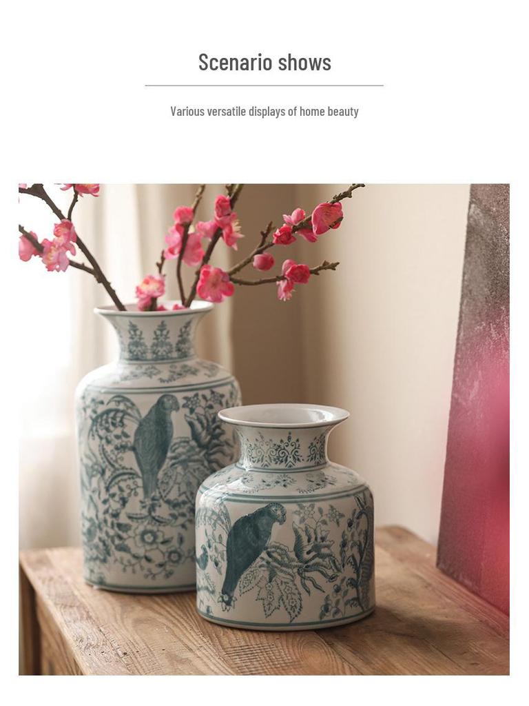 Blue & White Porcelain Vase: Antique Celadon with Flowers & Birds Design for Retro Chinese Décor