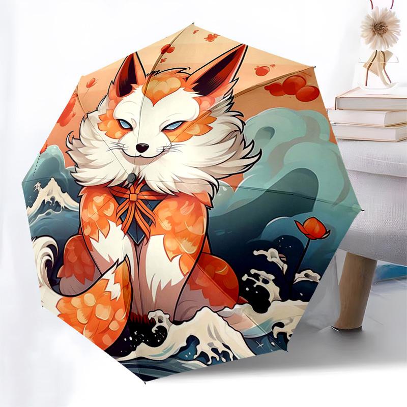

1pc Kitsune Fox Design Automatic Folding Umbrella - Portable 3-Fold Design with Iron Frame, Perfect for Outdoor Use, Festive Gifts, Travel, Daily Use,