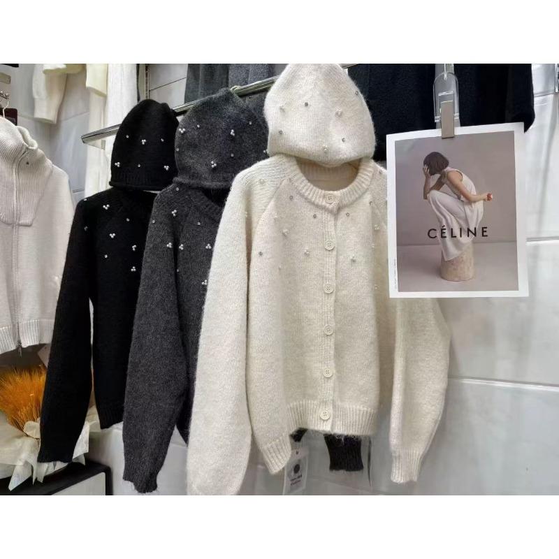 

Beaded crew neck knitted cardigan with hat women s two-piece set autumn and winter new soft waxy sweater jacket women One size