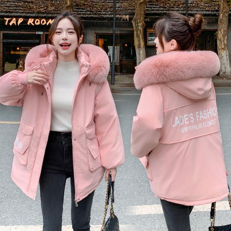 Women's Mid-Length Slim Fit Cotton Parka with Large Fur Collar - Korean Style, Plus Velvet, Thick, and Warm for Winter 2026.
