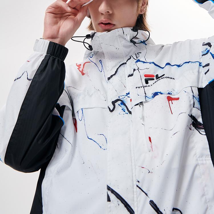 FILA Fusion X Futura Collaboration Splash Print Woven Sports Hooded Jacket Men jackets White T11M138704F-WT