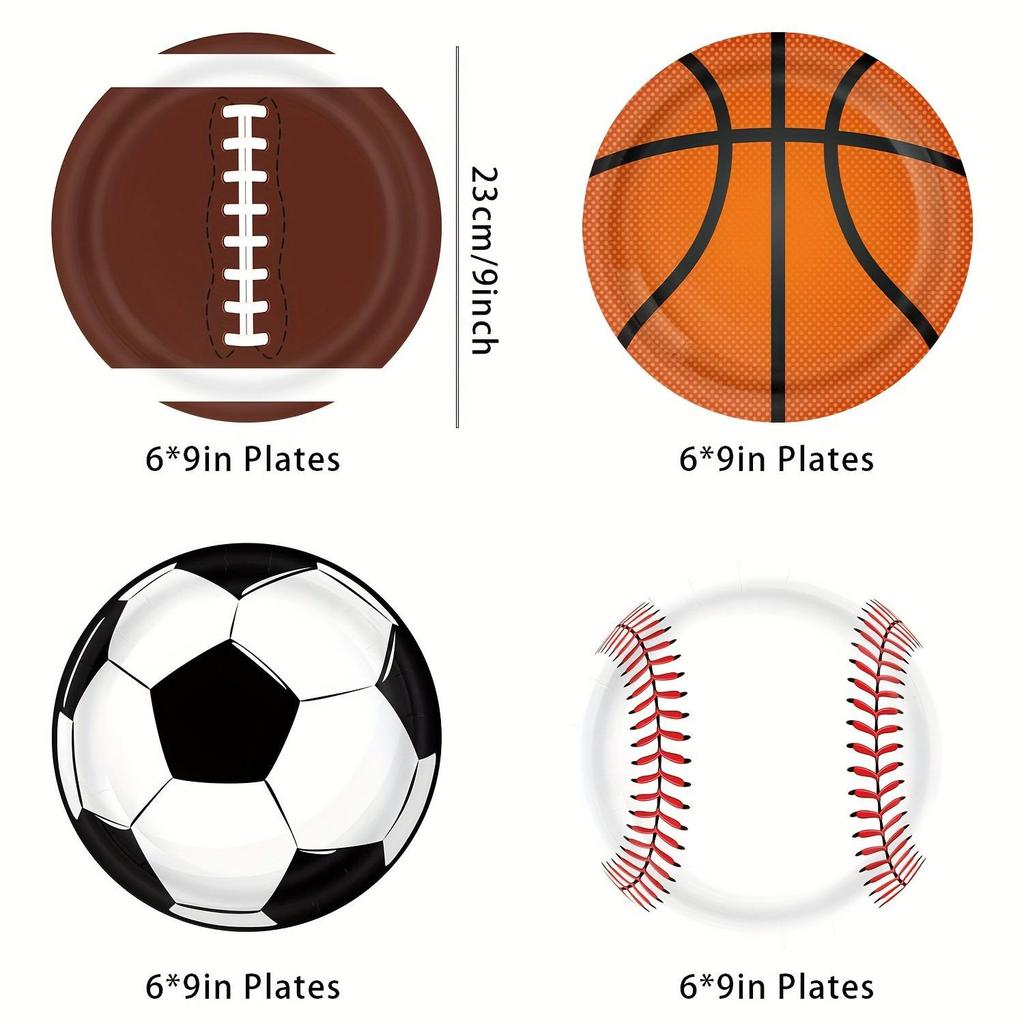 In-Stock Mixed Sports Party Decorations: Football, Basketball, Rugby Paper Plates & Tablecloths