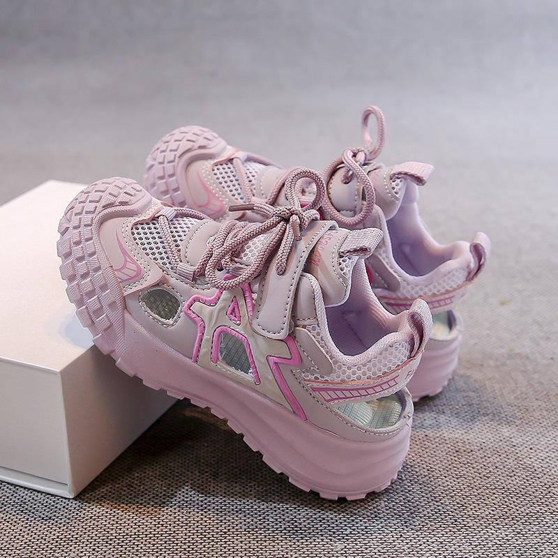 

Детские спортивные сандалии Сетчатые дышащие кроссовки для девочек Перфорированные Модные 2025 Лето Новые Детские беговые кроссовки С закрытым носком На липучке 31 фиолетовый