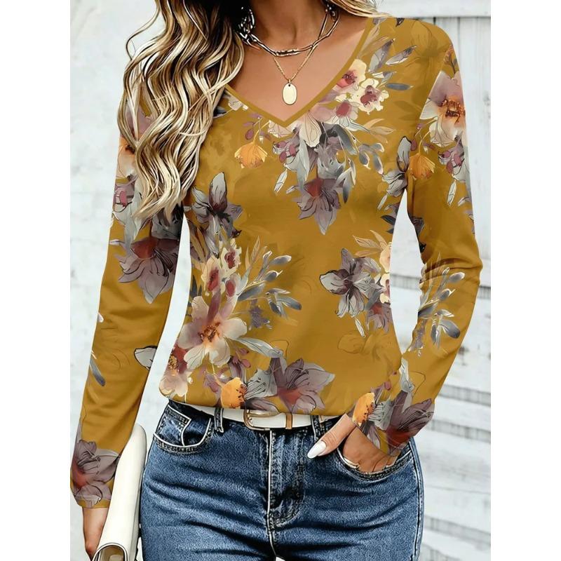 Sommer Damen 3D-Druck V-Ausschnitt Langarm T-Shirt Mode Vielseitig Atmungsaktiv Trend Lässig