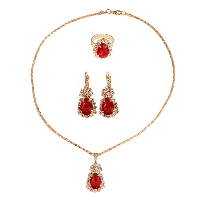 Fashion Women Water Drops Coloured Water Drill Necklace Earrings Ring Set Shining Bride Jewelry