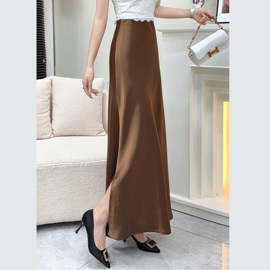 

Элегантная атласная юбка с разрезом женская летняя однотонная жемчужная блестящая облегающая А-силуэта юбка-русалка XL кофейный