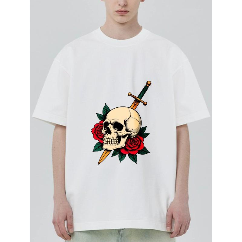 T-shirt Noir Avec Impression Crâne Épée et Roses Pour Tenue Décontractée