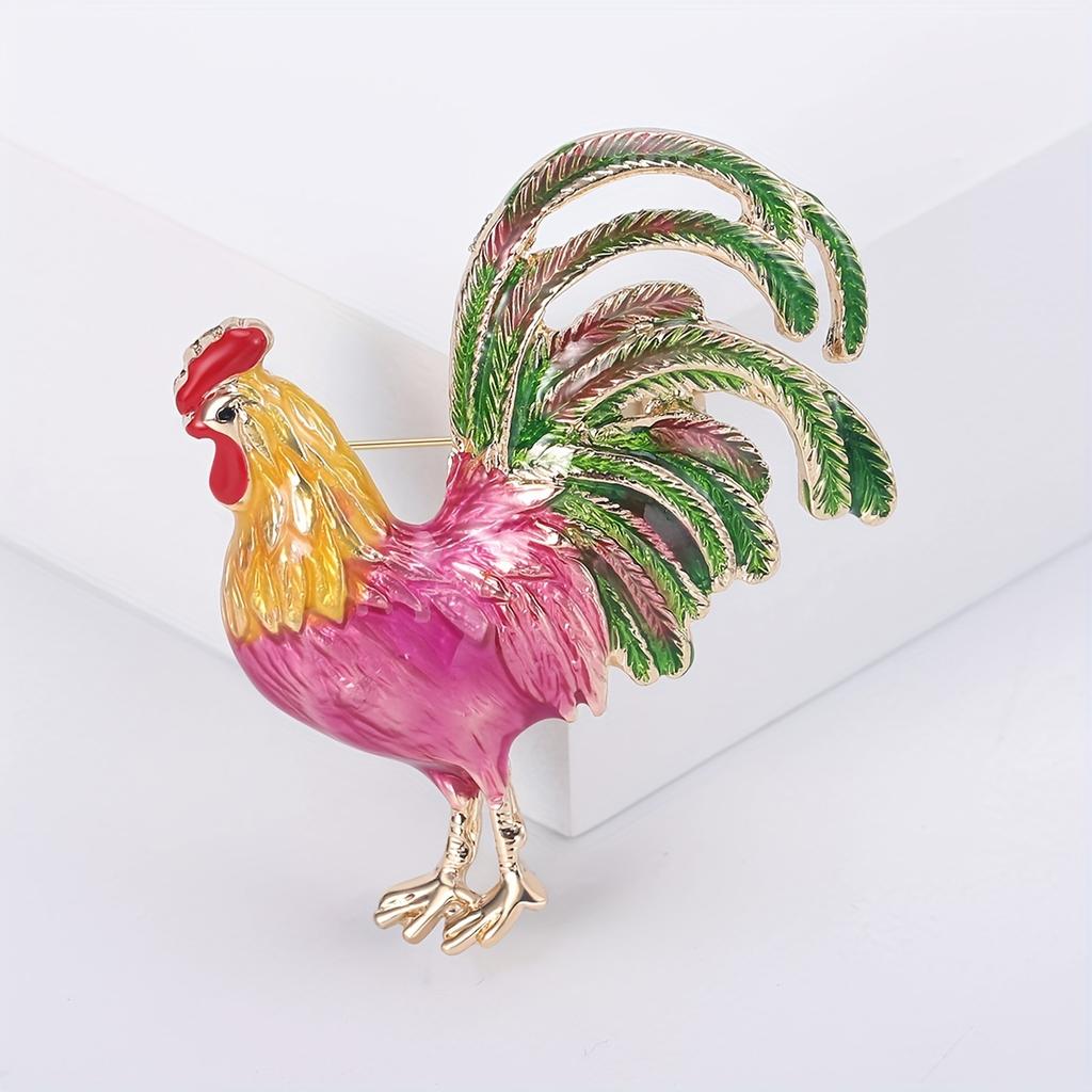Colorful Enamel Rooster Brooch Pin - Vibrant Pink & Golden-Tone, Zinc Alloy, Hip-Hop/Party Style, Fashion Accessory for Everyday & Party Wear