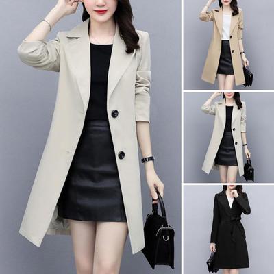 Women Fall Spring Coat Lapel Cardigan Double Buttons Trench Coat Solid Color Mid Length Pockets Business Jacket