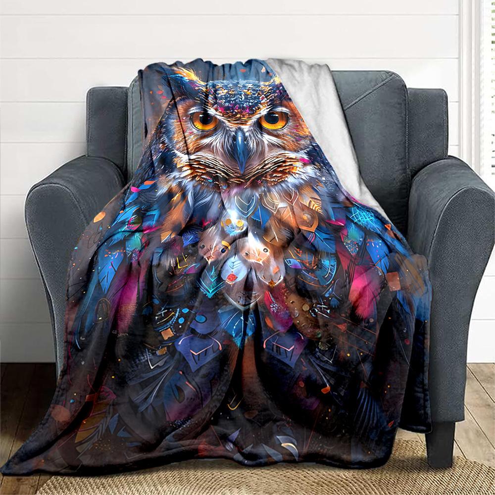 1pc Owl Feather Print Blanket - Lightweight Flannel Fleece with Digital Printing, Soft Warm for Sofa, Travel, Camping, Office yy251018329 75x90cm