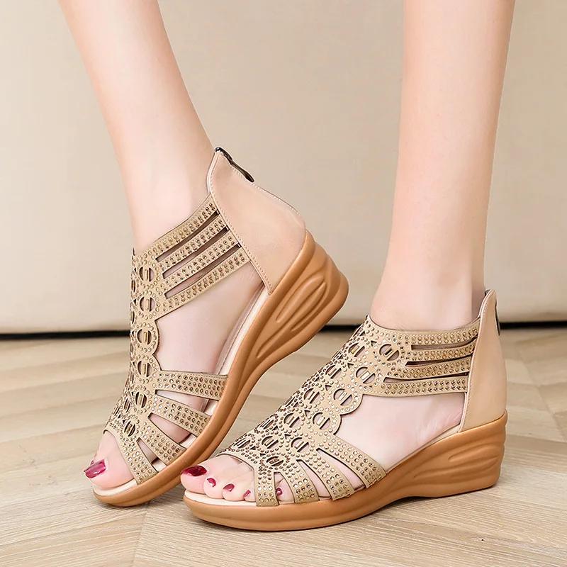 2024 Summer Shoes Women Sandals Elegant Ladies Wedges Rome Shoes Modern Fashion Brand High Heels 5cm D085