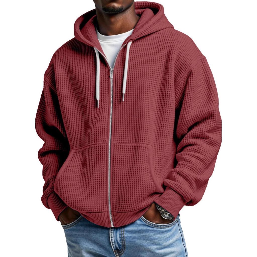 Men's 2025 Waffle Texture 3D Print Double Hooded Zip Sweatshirt