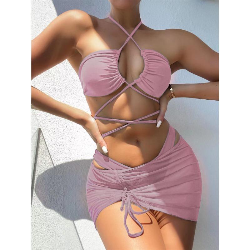 New sexy lace-up three-piece bikini solid color multi-color swimsuit women's fashion sports