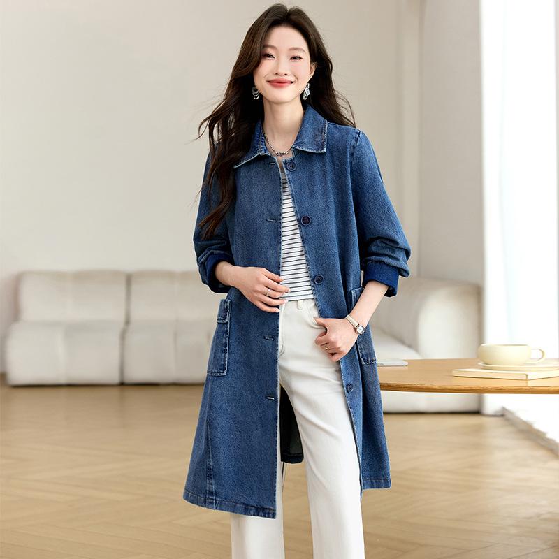 Dámská džínová bunda střední délky s velkými kapsami - Ležérní zeštíhlující trenčkot na jaro a podzim