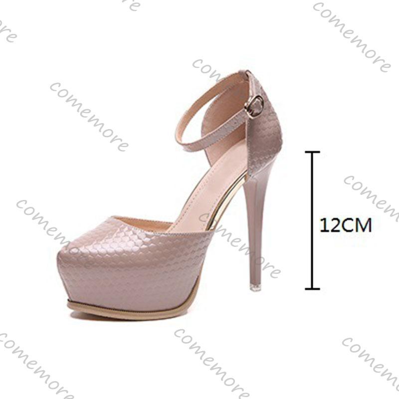 Fashion Comemore New Pointed Black Sexy Pumps Platform Ankle Buckle Thin High Heel Dress Shoes 12cm Stiletto Elegant Heeled Shoes Woman
