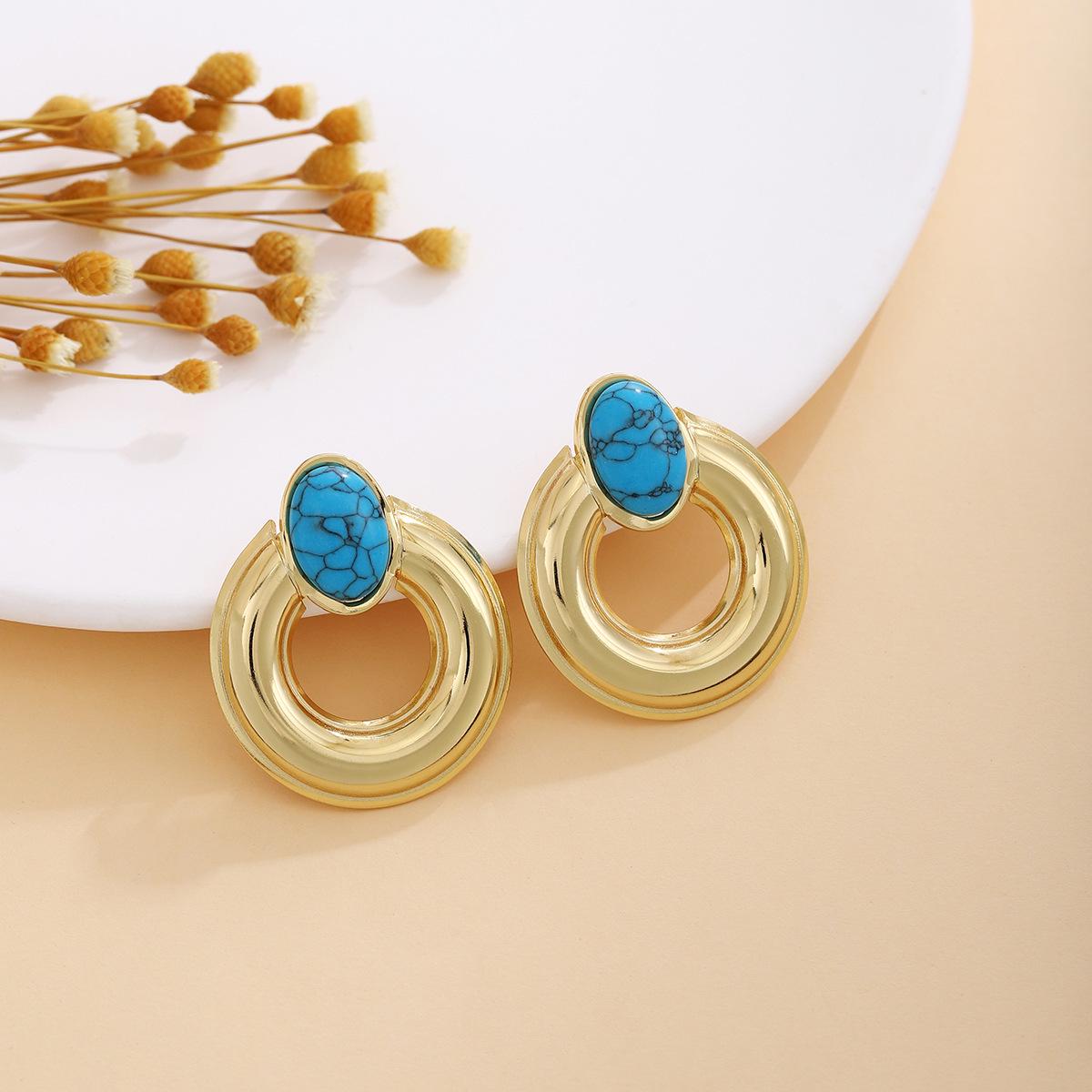 Vintage French Retro Colorful Round Hoop Stud Earrings - Elegant and Luxurious Metal Fashion Accessory синий