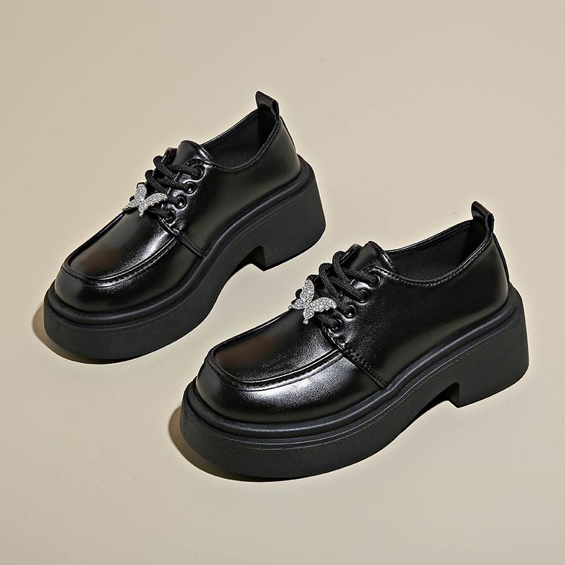 

женские кожаные туфли на шнуровке на толстой подошве, новые осенние 2025 года, черные, универсальные, женские туфли, одинарные туфли 35