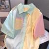 Camicie Colorate Patchwork Dolci Giapponesi Stile Preppy Studente Manica Corta Monopetto Harajuku Ampio Casual Harajuku