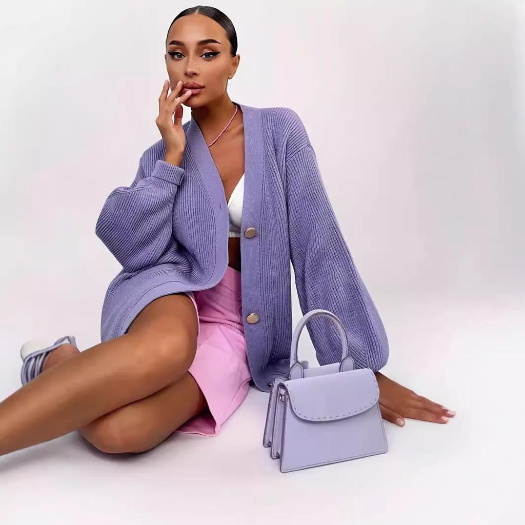 Medium-length Knit Sweater Jacket Female Solid Color Casual Wild Loose V-neck Early Fall Knitted Cardigan Female