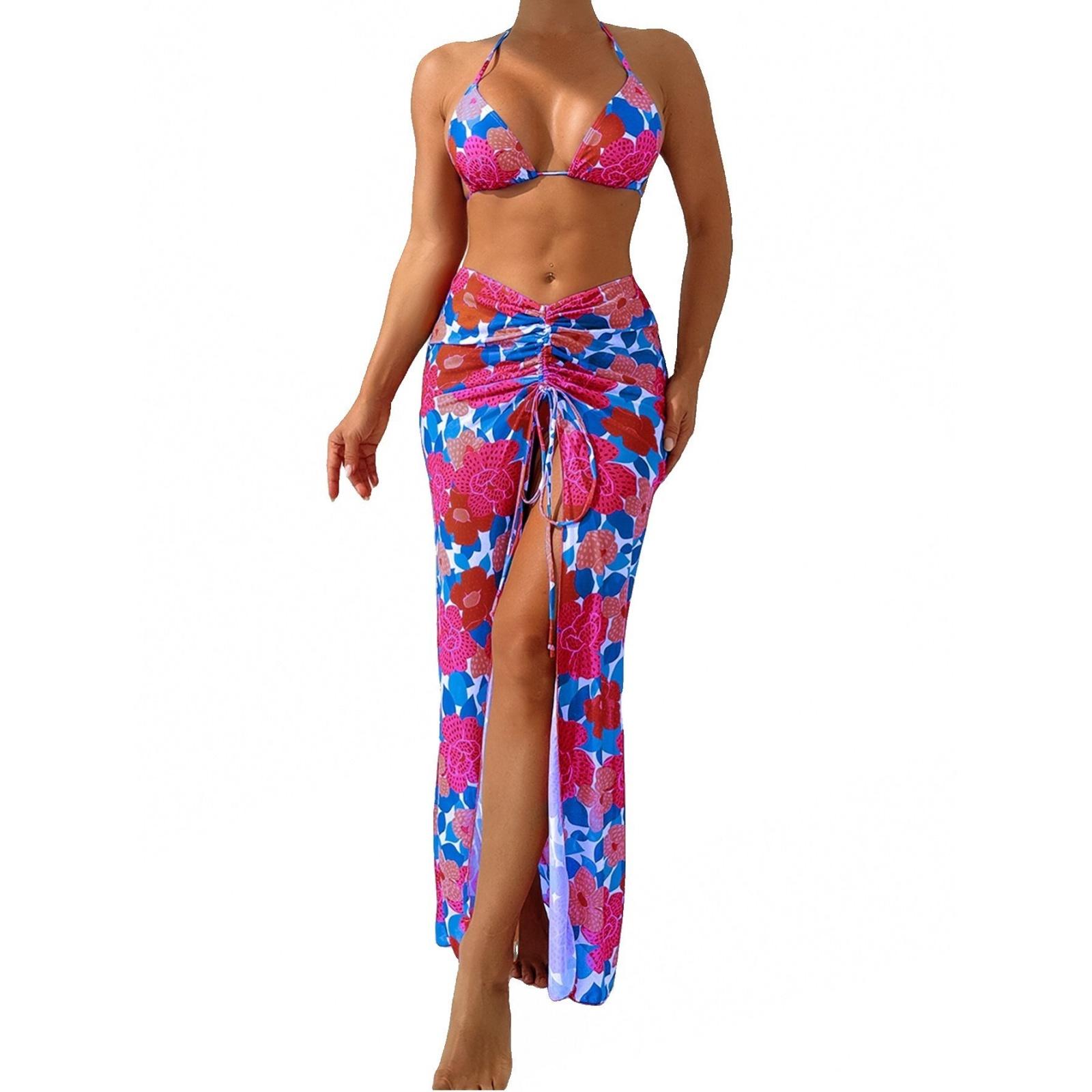 Модный женский трехсекционный комплект с цветочным принтом, юбка с разрезом, бретели, сексуальный женский раздельный купальник L фиолетовый