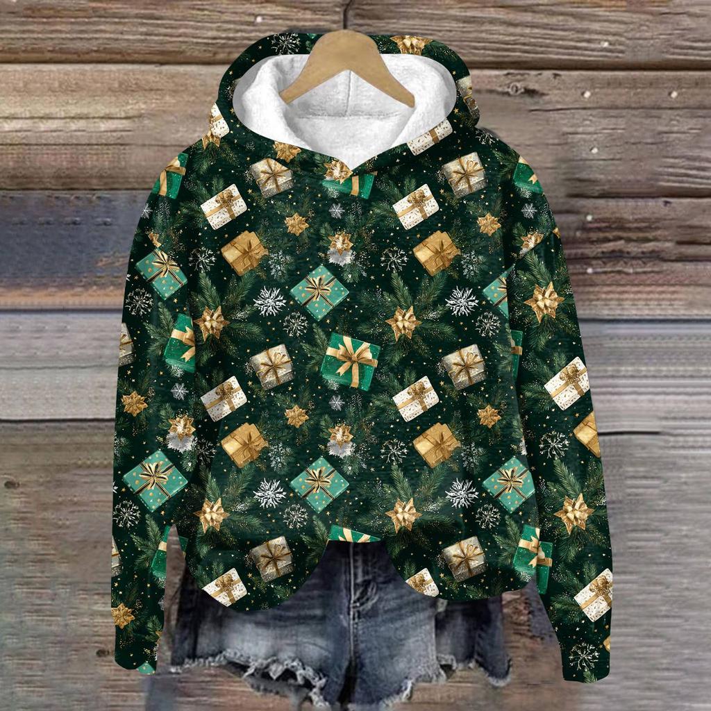 Damenmode Langarm Weihnachtsprint Lockerer Kapuzenpullover Top