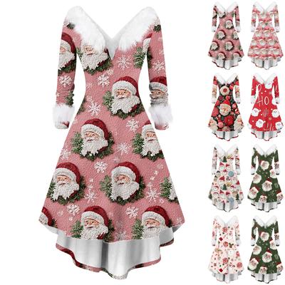 Women's Fashion Elegant Autun And Winter Long Sleeve V-Neck Christmas Print Dress