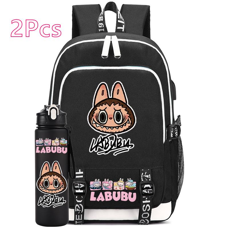 2Pcs/set Anime Cute Printed Backpack with Water Bottle Student Boy Girl Schoolbag Large Capacity Waterproof Bookbag Kid Gift