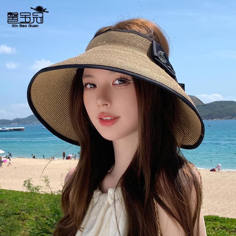 8483 Summer Shade Empty Top Straw Hat Foldable Straw Eaves Sunscreen Hat Women's Fashion Bow Sun Hat