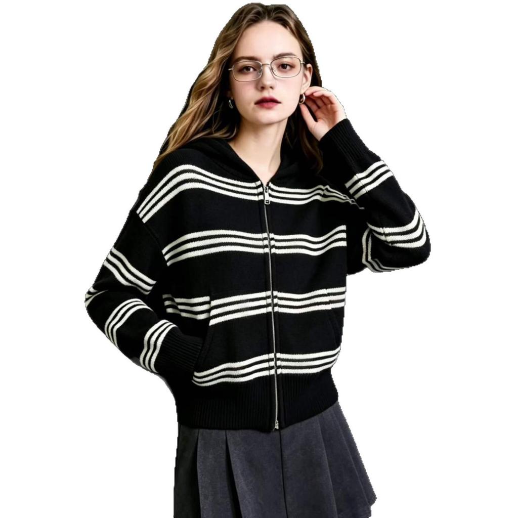 Retro Color Block Hooded Knit Cardigan with Pockets - Zipper Casual Sweater for Women