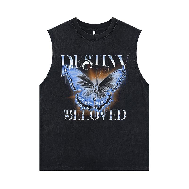 European And American High Street Retro Washed Old Rock Sweat Vest Couple Casual Direct Injection Printing Sleeveless T-Shirt Men