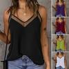 Women Tops Sling Spaghetti Straps V-Neck Mesh Splicing Loose Drape Cut Vest Soft Fabric Summer Casual Tank Tops