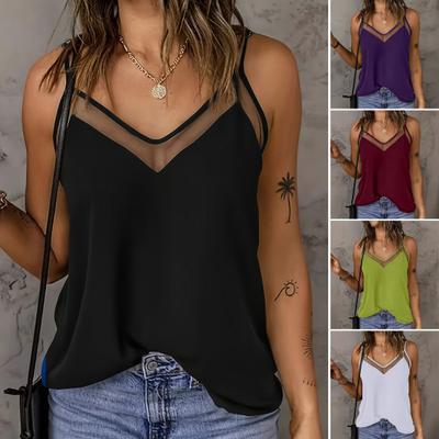 Damen Tops Träger Spaghettiträger V-Ausschnitt Netz-Patchwork Locker Fallender Schnitt Weste