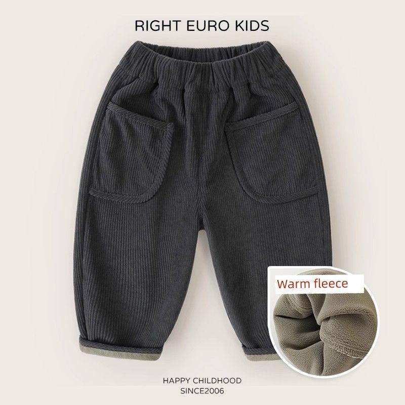 Right European Style Boys' Pants with Fleece Lining, Autumn and Winter Corduroy Thickened Boys' Sweatpants, Children's Winter Clothing