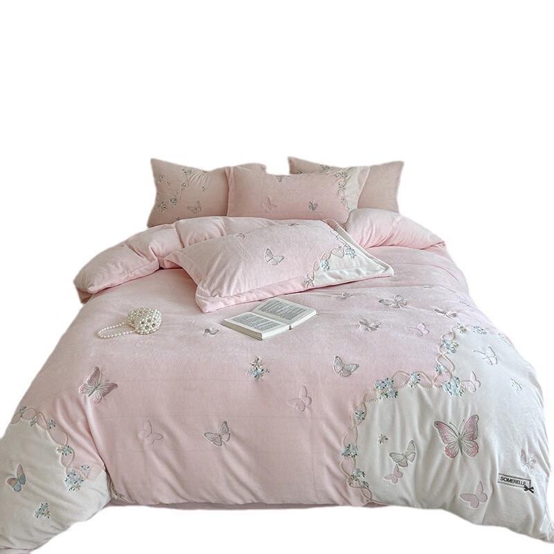 OEING Butterfly Love Flower Embroidered Milk Velvet Bedding Set