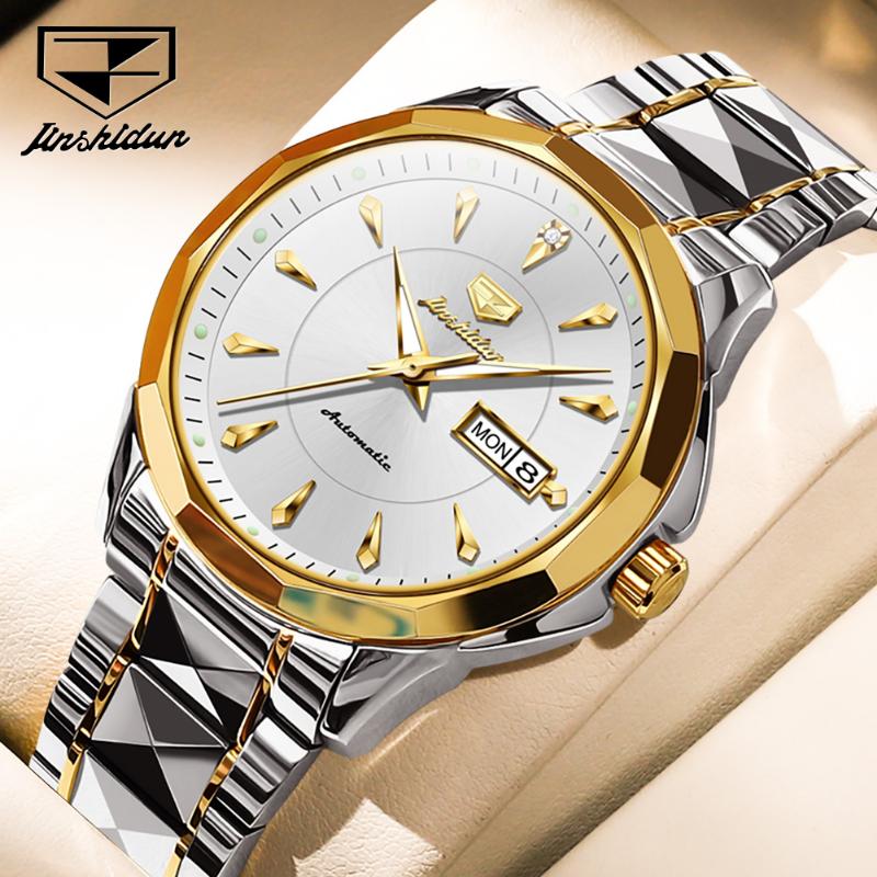 JINSHIDUN New Business and Leisure Men's Watch Automatic Mechanical Watch Tungsten Steel Double Calendar Luminous Waterproof High-end Watch