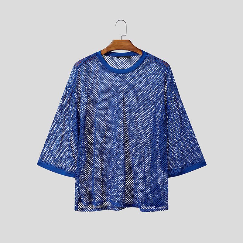 INCERUN Men Round Neck Long Sleeve Hollow Out Tops Mesh Sheer Shirts