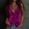 Women's Velvet Sleeveless Button Down Vest V-Neck Casual Solid Color Tank Tops