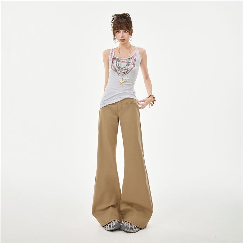 Spring Summer Coffee Soft Elastic Relax Slim Micro Flare Denim Pants For Ladies Casual Pants Oversize Denim Trousers