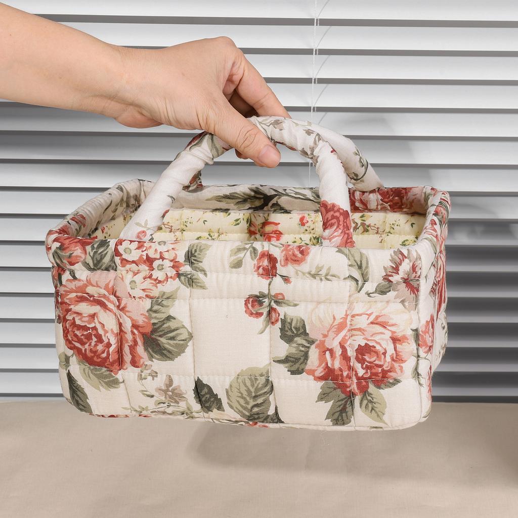 Collapsible Floral Laundry Hamper with Handles Pastoral Style Fabric Storage Basket for Small Apartment Dormitory Closet