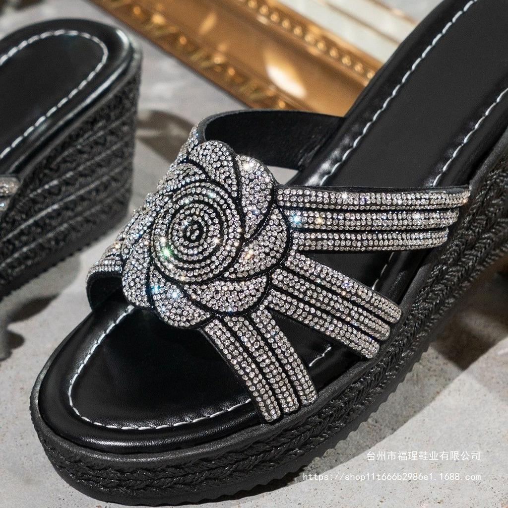 Foreign trade slope heel slippers women's 2025 summer rhinestone thick-bottomed cool slippers European and American style street wear fashion