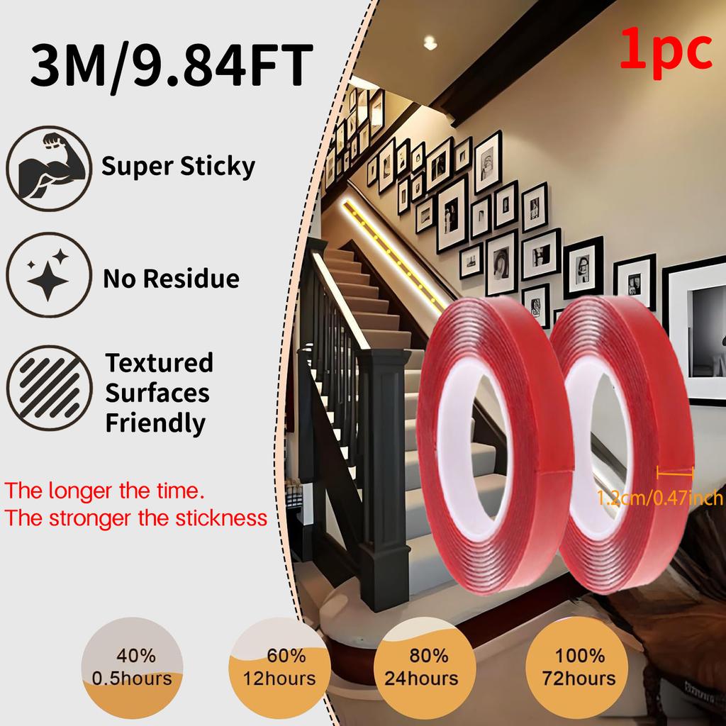 Red Acrylic Double-Sided Tape, Transparent, Strong Adhesive, No Trace, 6mm–30mm, for Phone, LCD, and Car Use